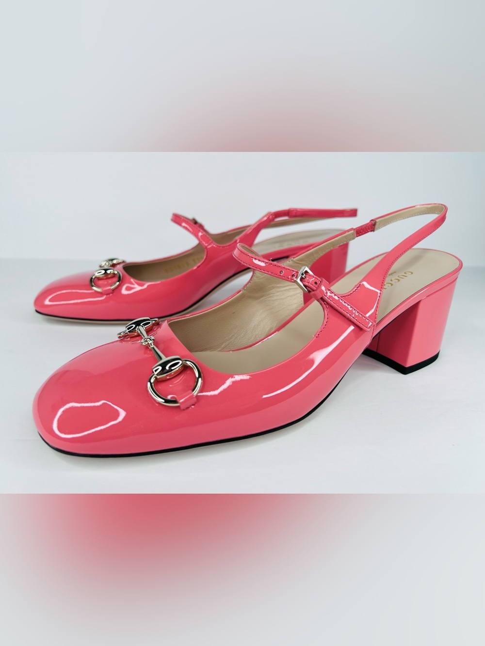 Gucci Horsebit Bubble Gum Pink Patent Leather Mary Jane Block Heel Pumps EU 39.5